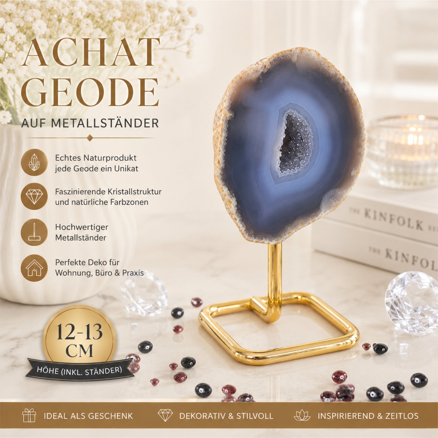 Achat Geode auf Metallständer 12-13 cm Kristall Druse Edelstein Deko Unikat