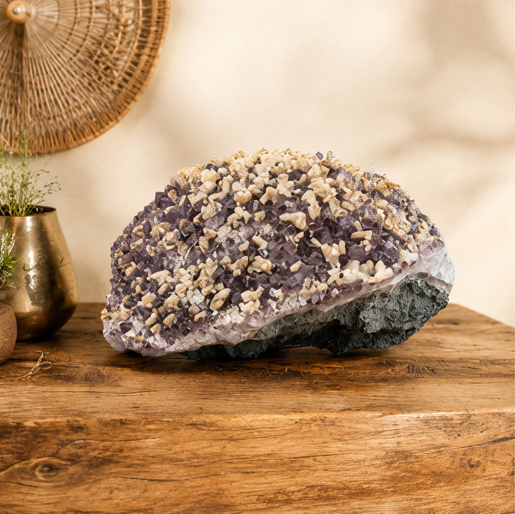 XXL Amethyst Druse mit Calcit |  12 kg Unikat | großer Kristall Rohstein Deko