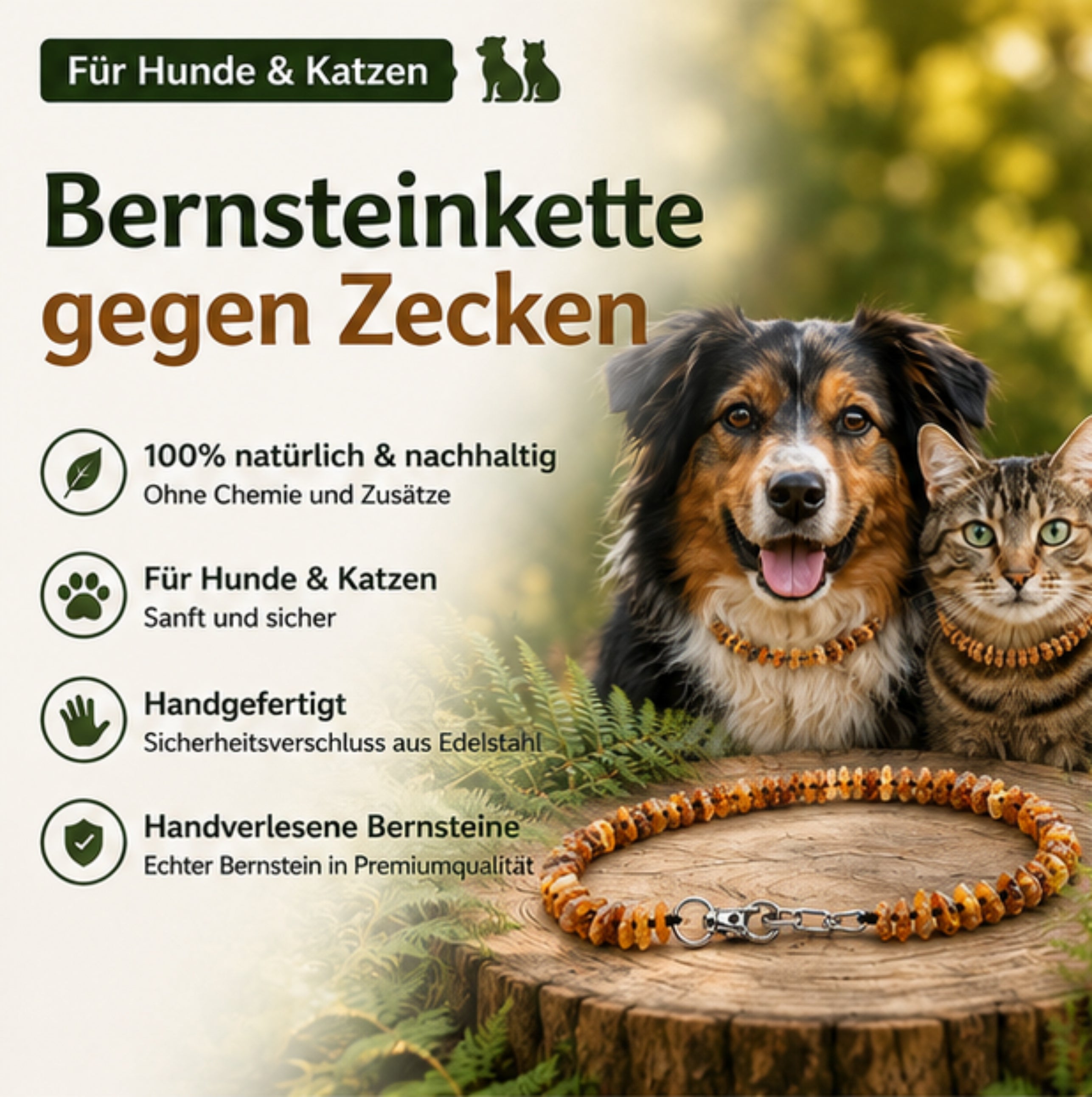 Bernsteinkette Hund Katze Halsband Natur Bernstein Zecken Schutz handgemacht