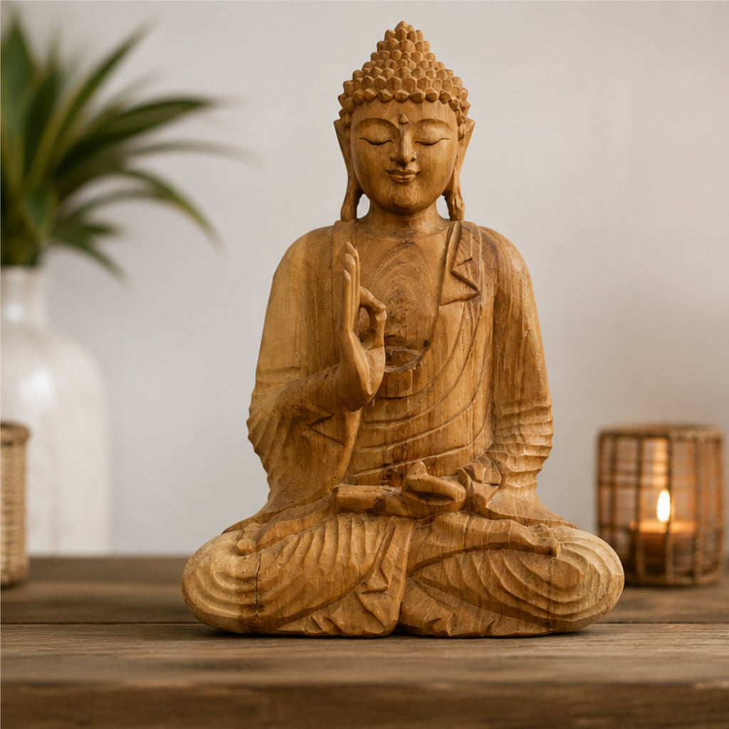 Buddha Figur Holz 32 cm handgeschnitzt Bali Statue Suarholz Meditation Zen Deko