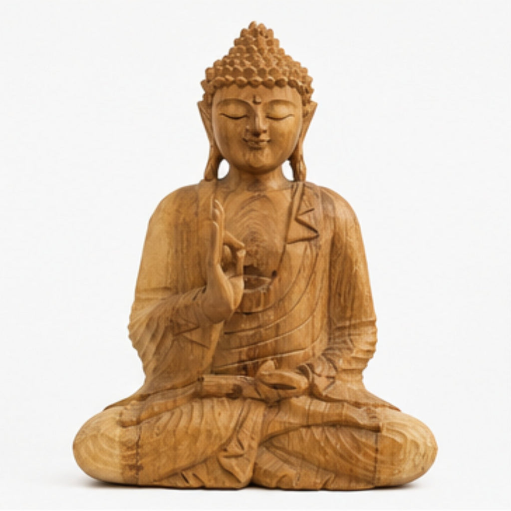 Buddha Figur Holz 32 cm handgeschnitzt Bali Statue Suarholz Meditation Zen Deko