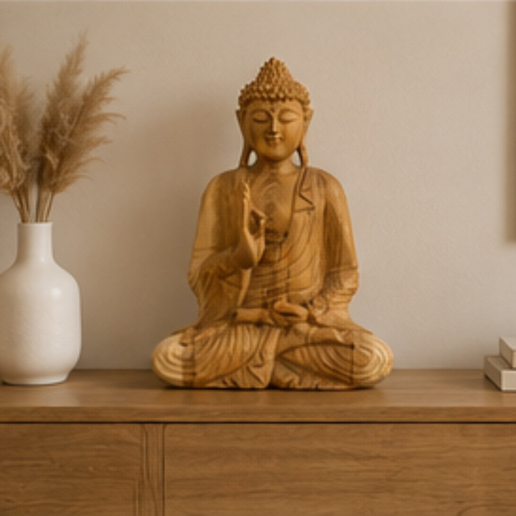 Buddha Figur Holz 32 cm handgeschnitzt Bali Statue Suarholz Meditation Zen Deko