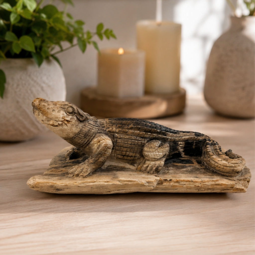 Krokodil Fossil Petrified Wood Holzskulptur Unikat Naturstein Deko 25 cm