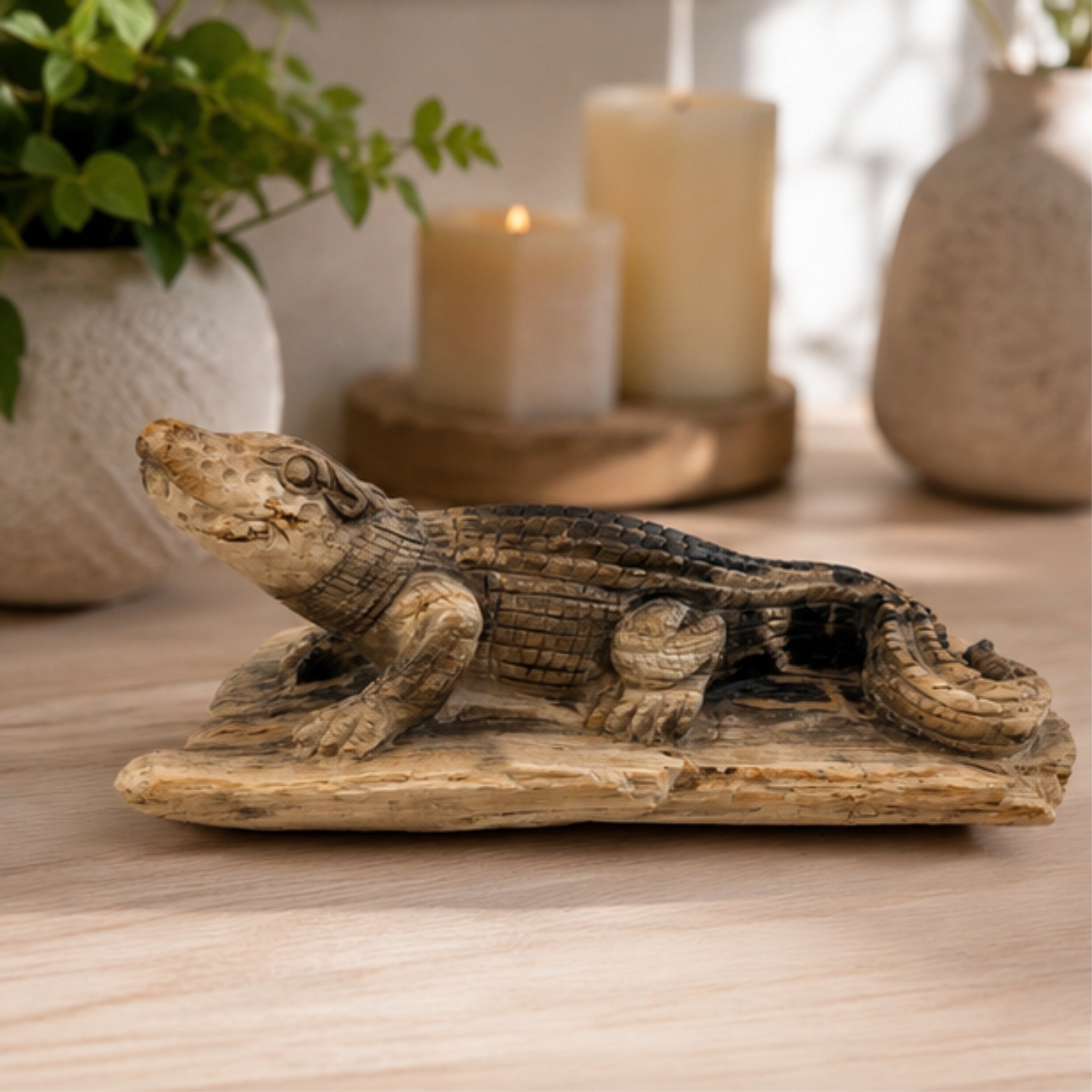Krokodil Fossil Petrified Wood Holzskulptur Unikat Naturstein Deko 25 cm