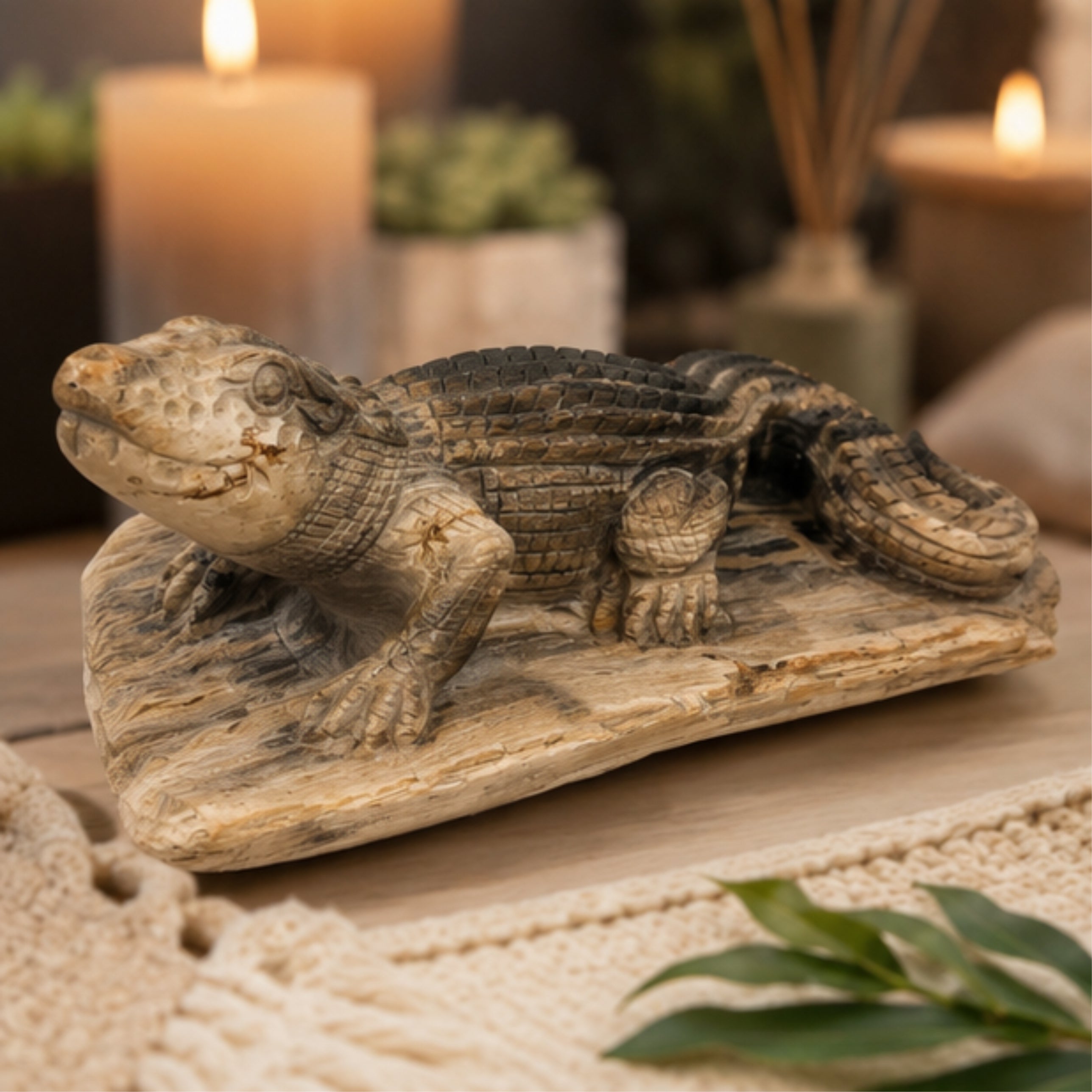 Krokodil Fossil Petrified Wood Holzskulptur Unikat Naturstein Deko 25 cm