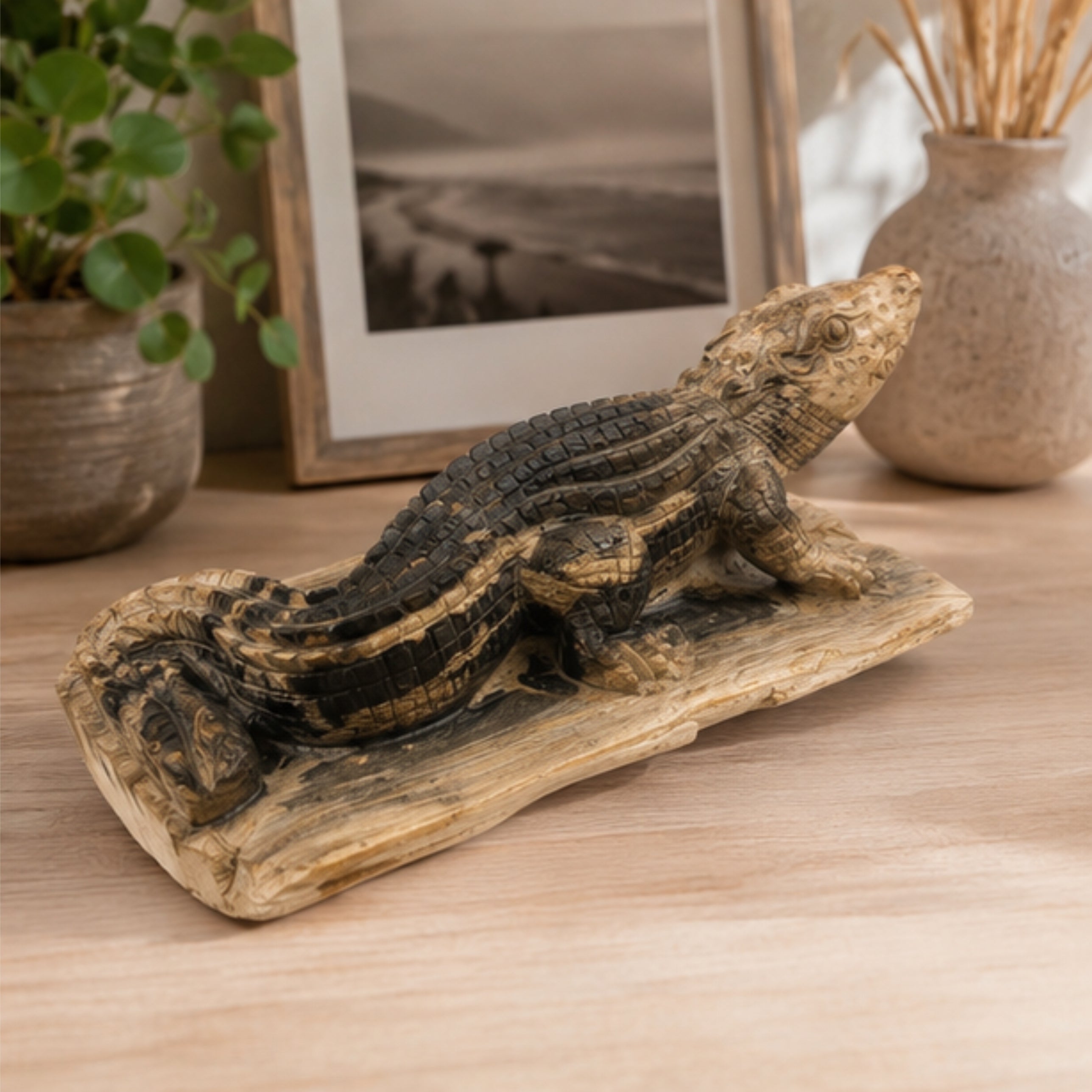 Krokodil Fossil Petrified Wood Holzskulptur Unikat Naturstein Deko 25 cm