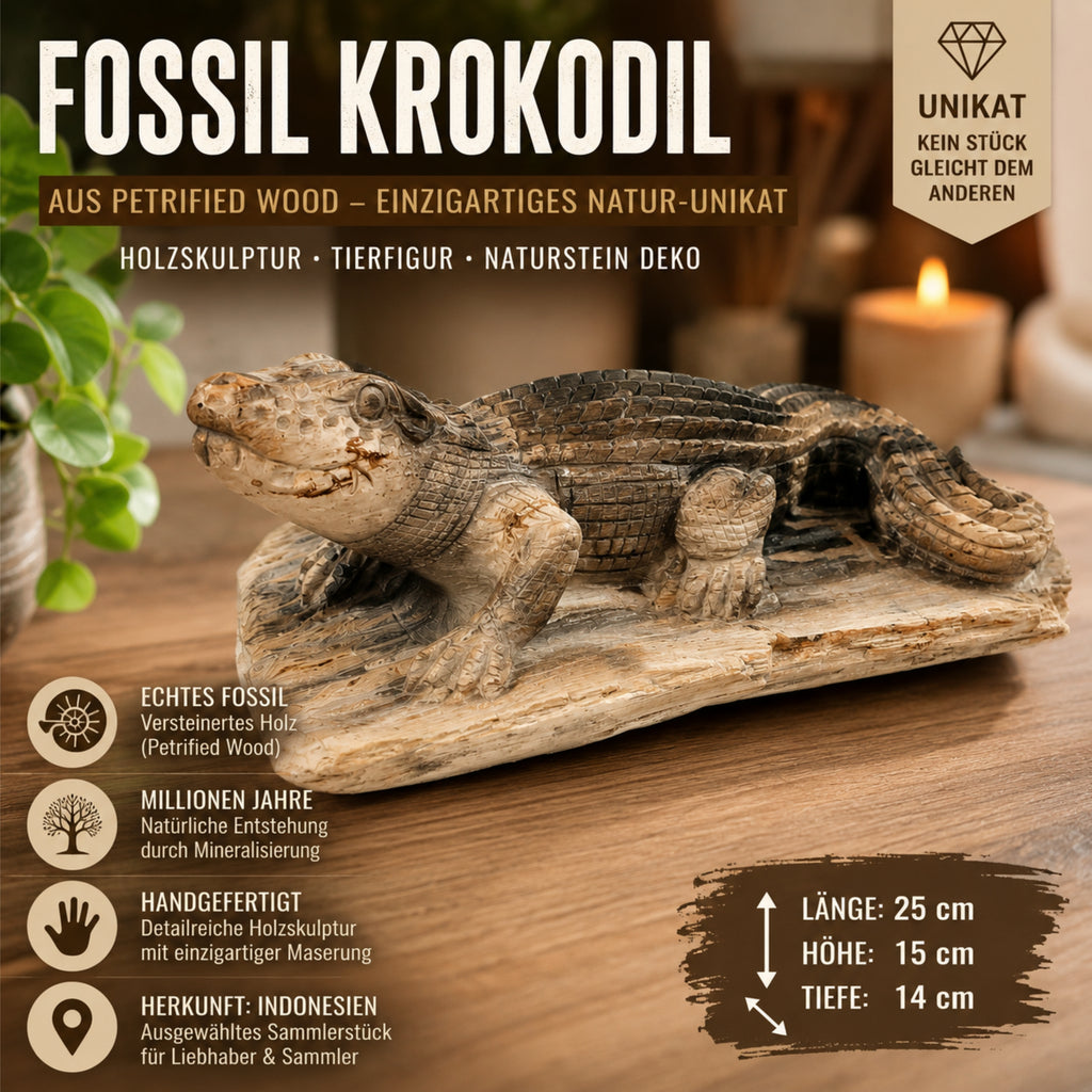 Krokodil Fossil Petrified Wood Holzskulptur Unikat Naturstein Deko 25 cm
