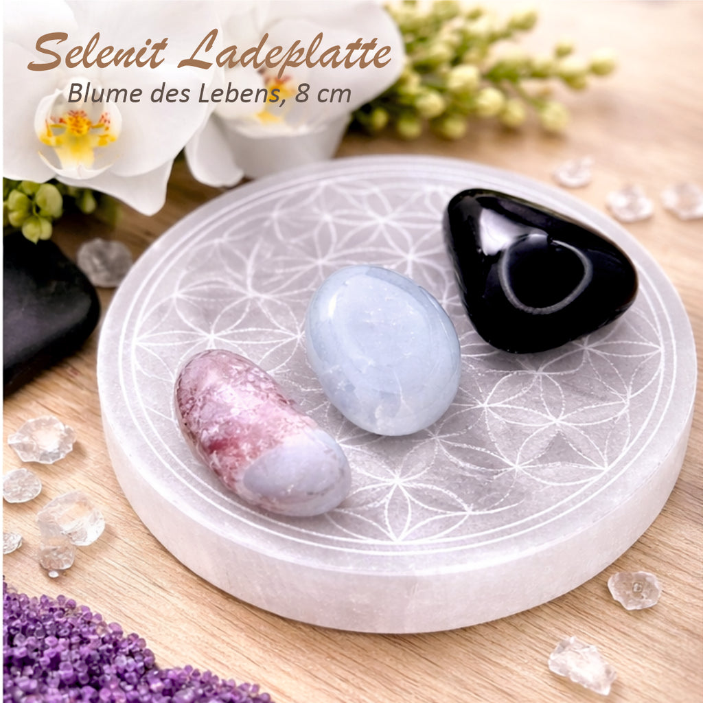 Selenit Ladeplatte 8 cm Blume des Lebens Edelstein Reiki Energie