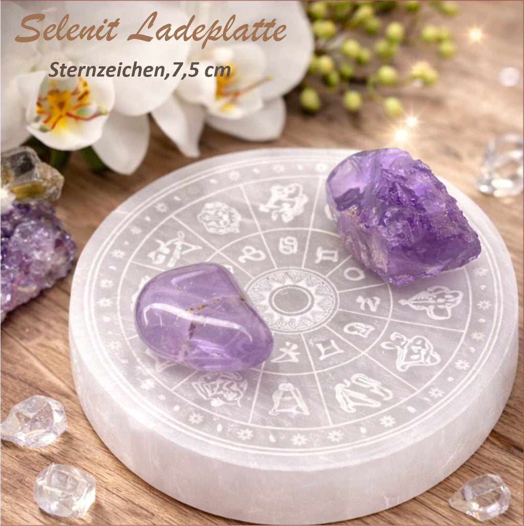 Selenit Ladeplatte Sternzeichen 7,5 cm – Kristalle aufladen, Energie reinigen, Chakra & Meditation Zubehör