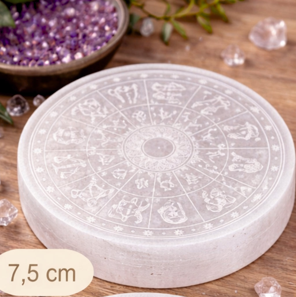 Selenit Ladeplatte Sternzeichen 7,5 cm – Kristalle aufladen, Energie reinigen, Chakra & Meditation Zubehör