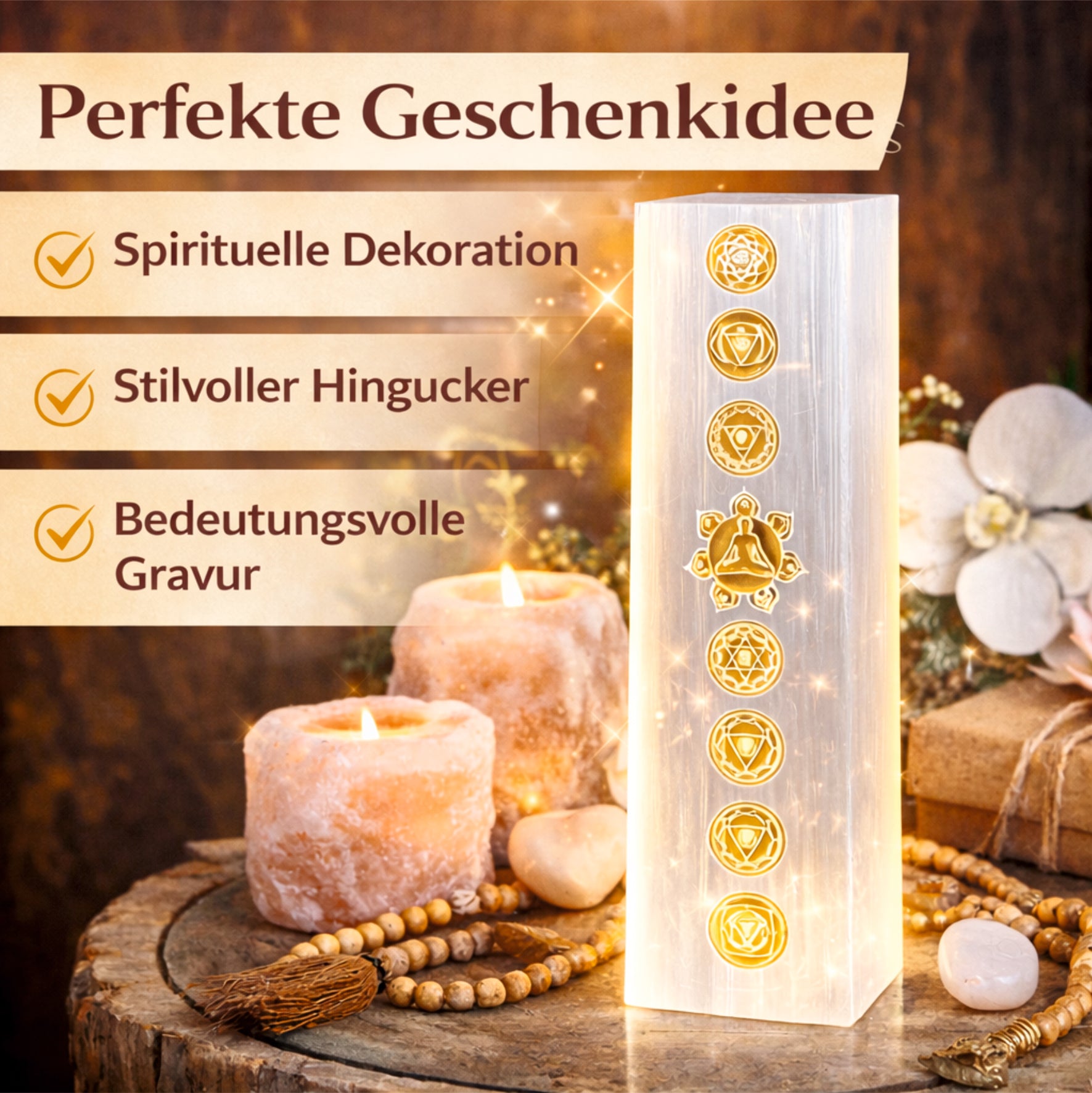Selenit Turm Lampe Chakra 25 cm Edelstein Lampe weiß mit Gravur Reiki Meditation