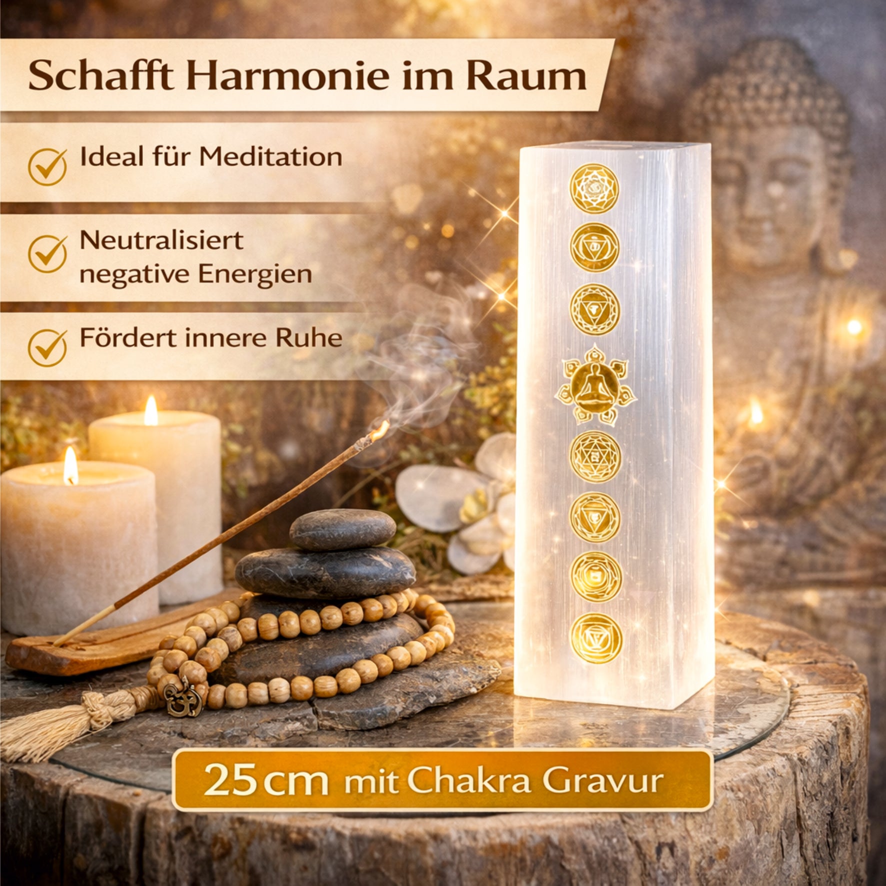 Selenit Turm Lampe Chakra 25 cm Edelstein Lampe weiß mit Gravur Reiki Meditation