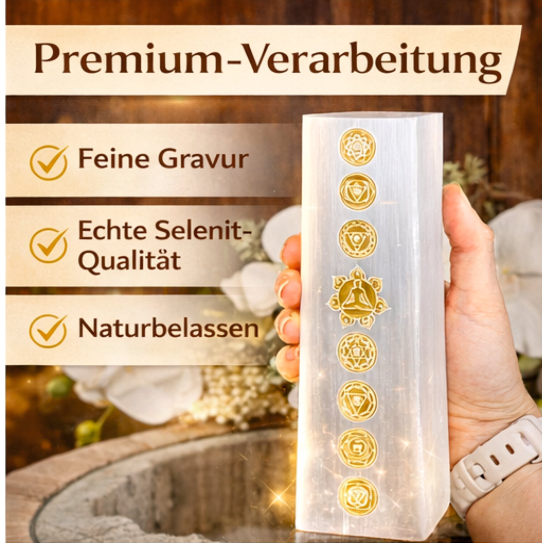 Selenit Turm Lampe Chakra 25 cm Edelstein Lampe weiß mit Gravur Reiki Meditation