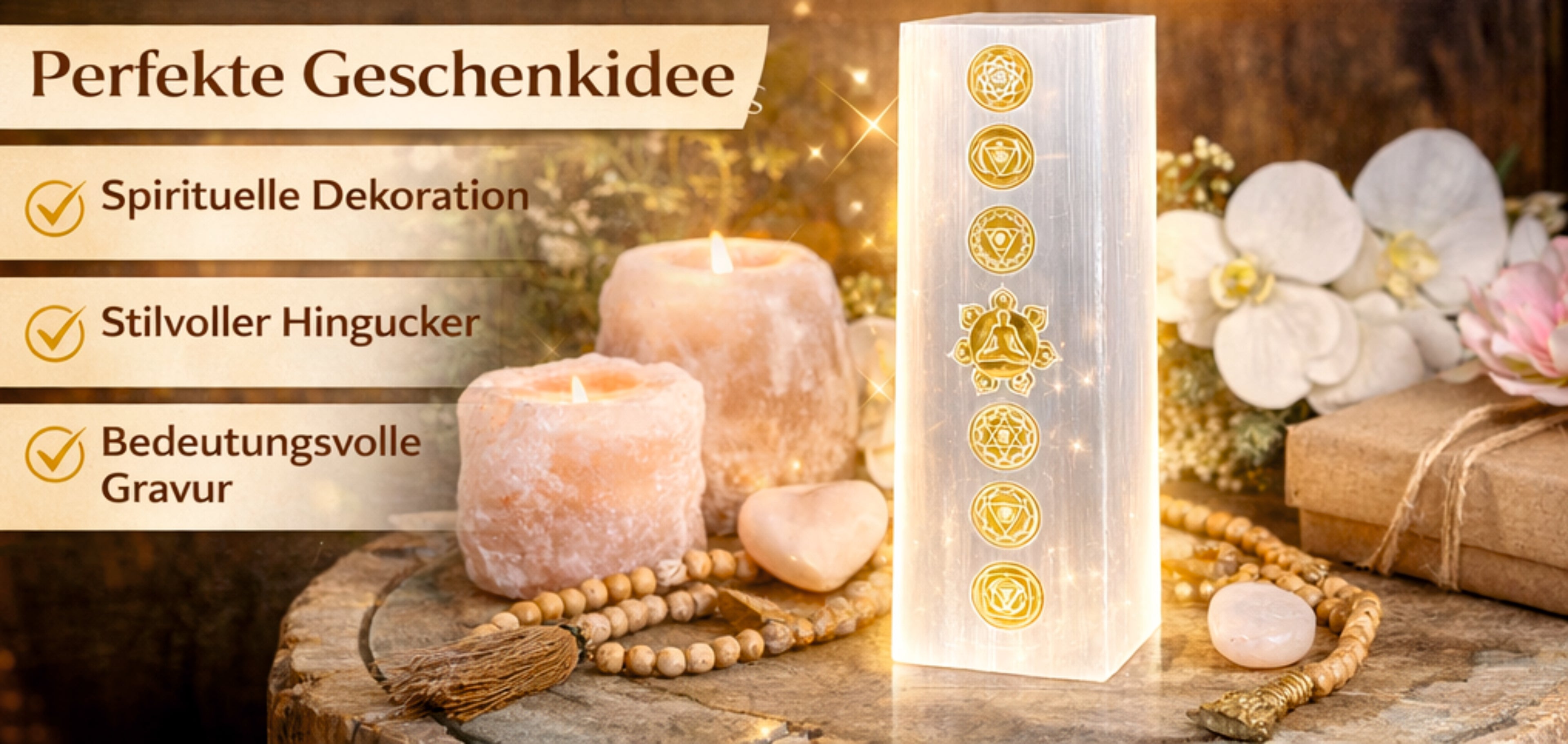 Selenit Turm Lampe Chakra 25 cm Edelstein Lampe weiß mit Gravur Reiki Meditation