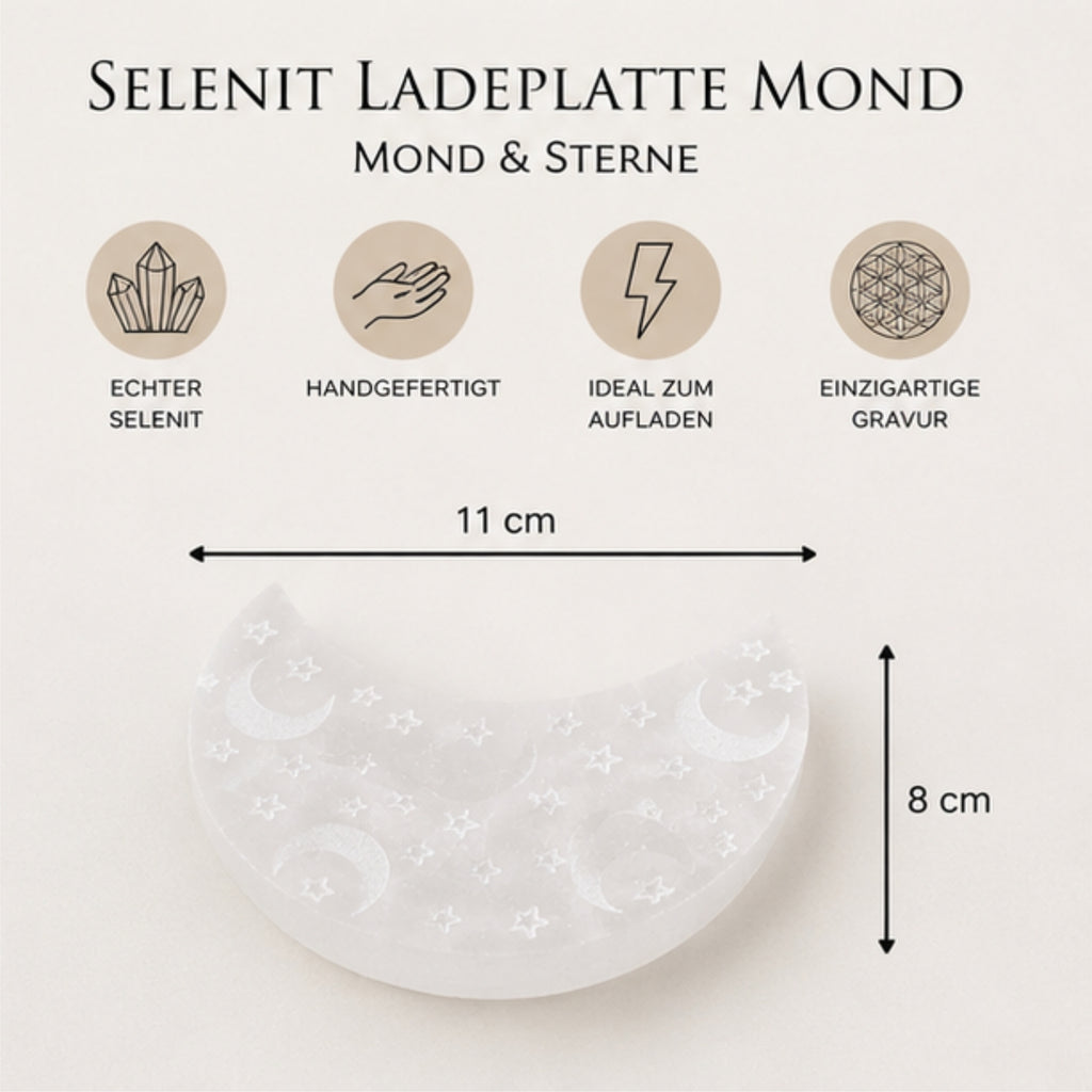 Selenit Ladeplatte Mond Sterne Blume des Lebens Heilstein Energieplatte