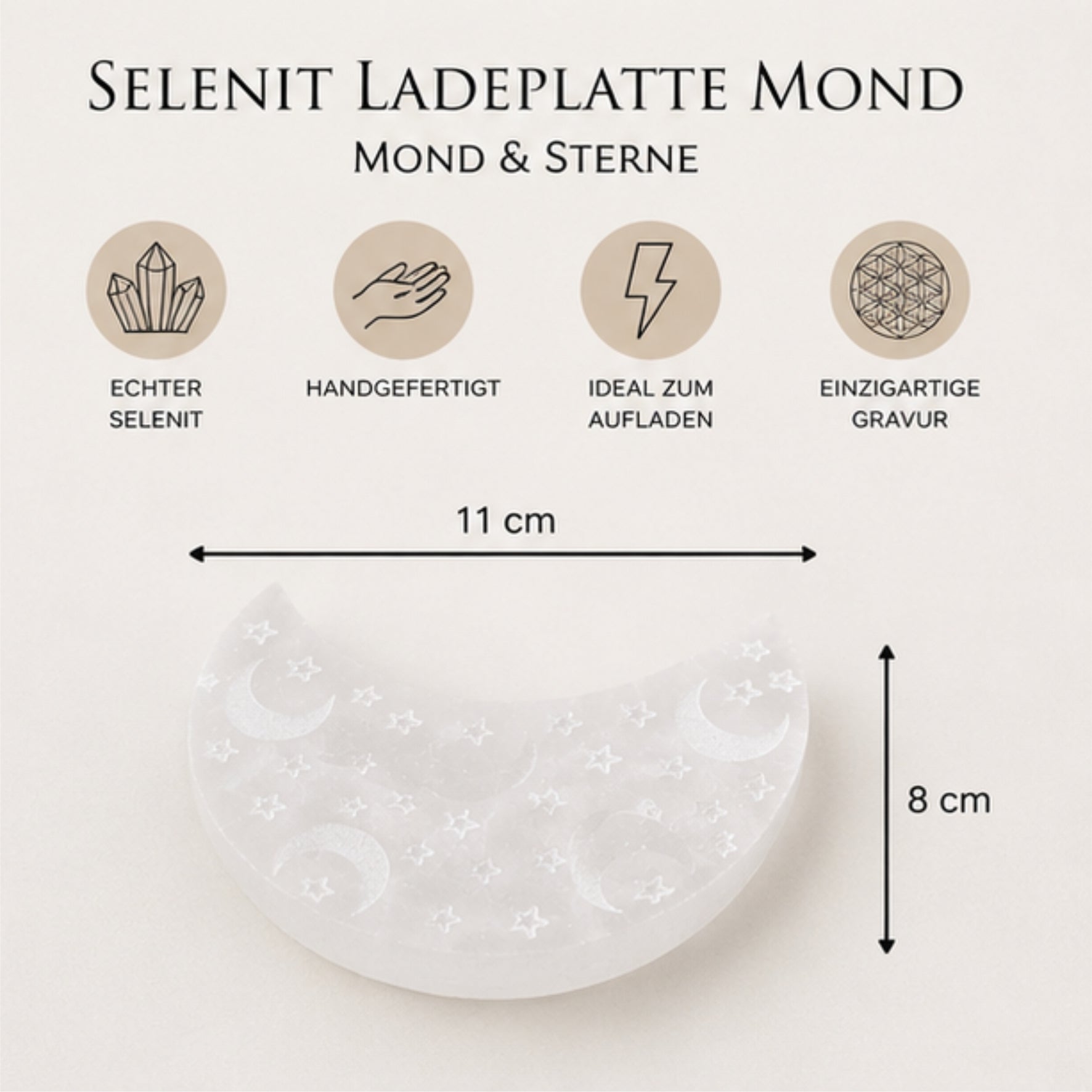 Selenit Ladeplatte Mond Sterne Blume des Lebens Heilstein Energieplatte