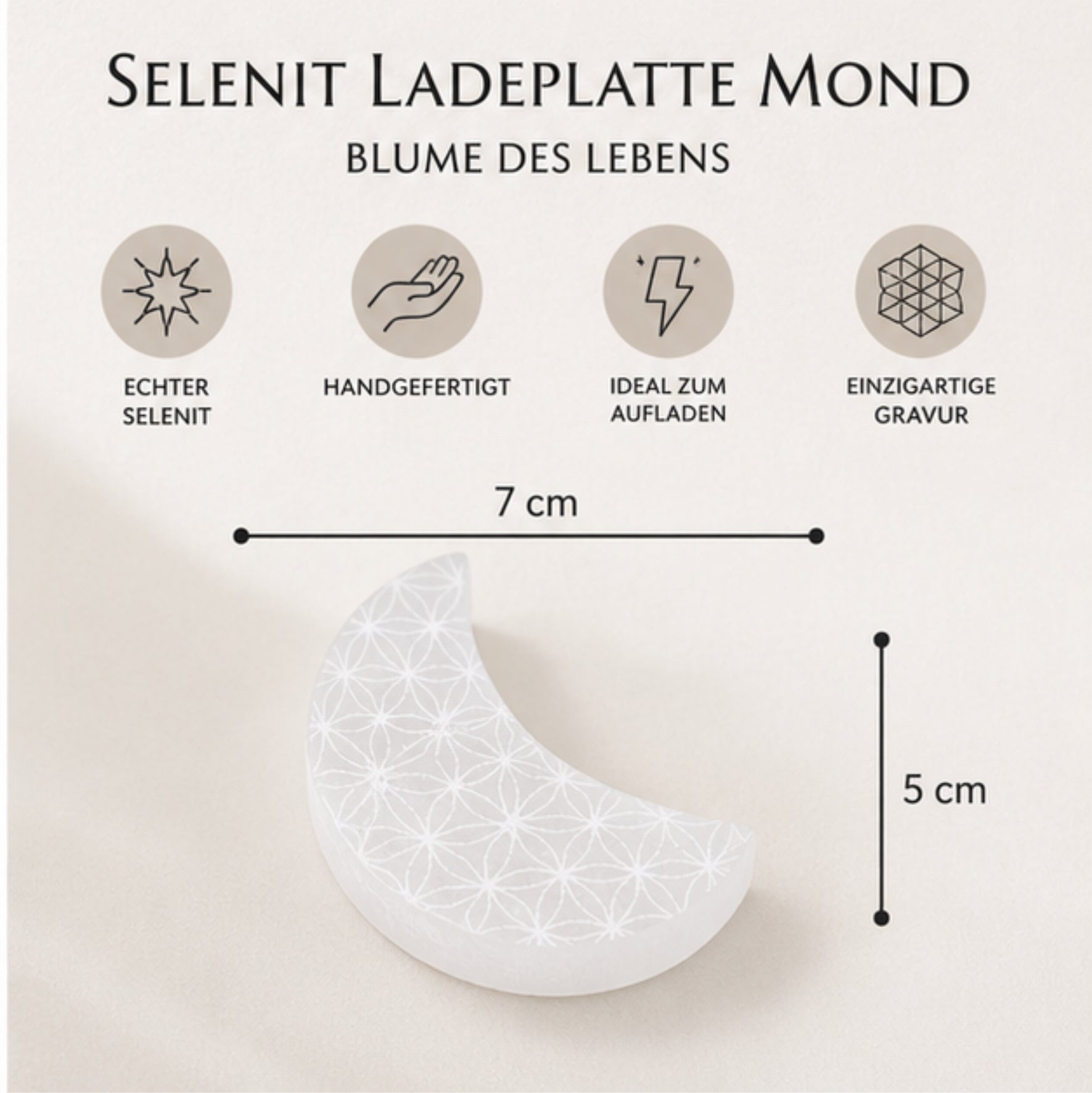 Selenit Ladeplatte Mond Sterne Blume des Lebens Heilstein Energieplatte