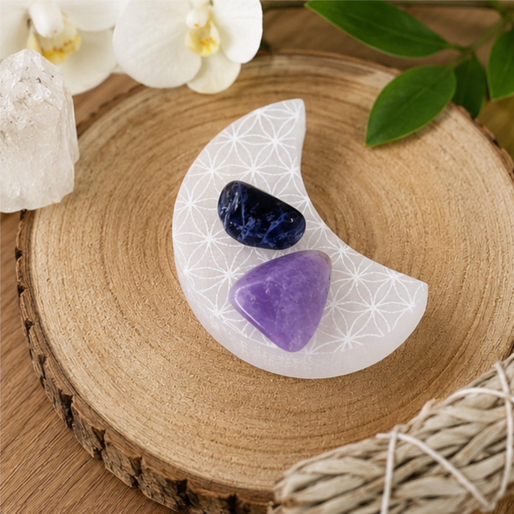 Selenit Ladeplatte Mond Sterne Blume des Lebens Heilstein Energieplatte