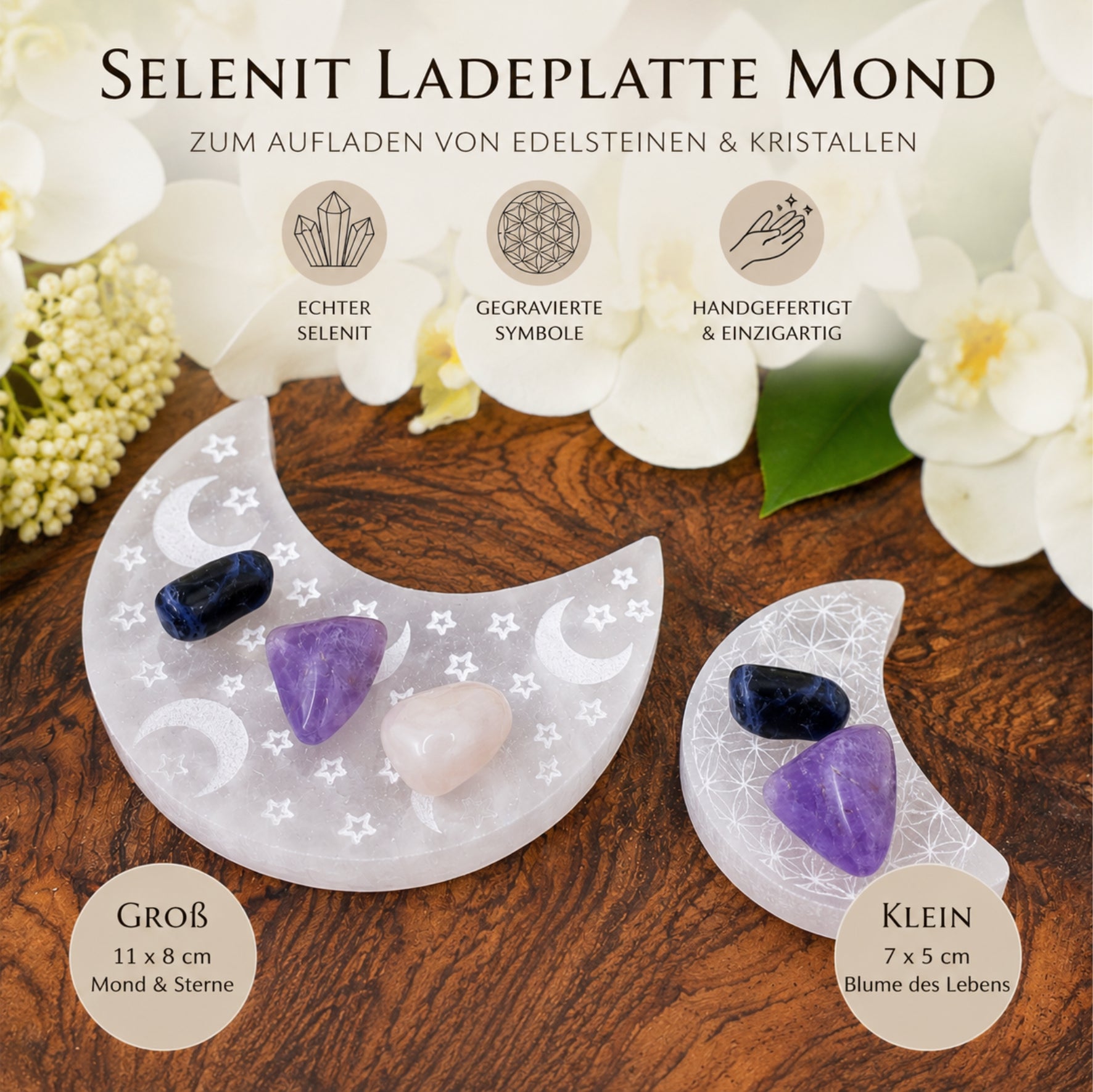Selenit Ladeplatte Mond Sterne Blume des Lebens Heilstein Energieplatte