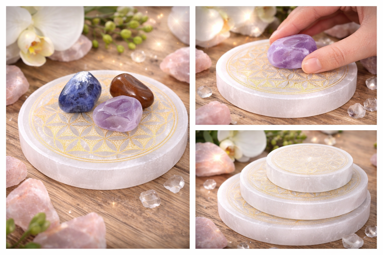 Selenit Ladeplatte Blume des Lebens 10 cm – weiss, gold, schwartz - Kristalle aufladen, Energie reinigen, Chakra & Meditation Zubehör