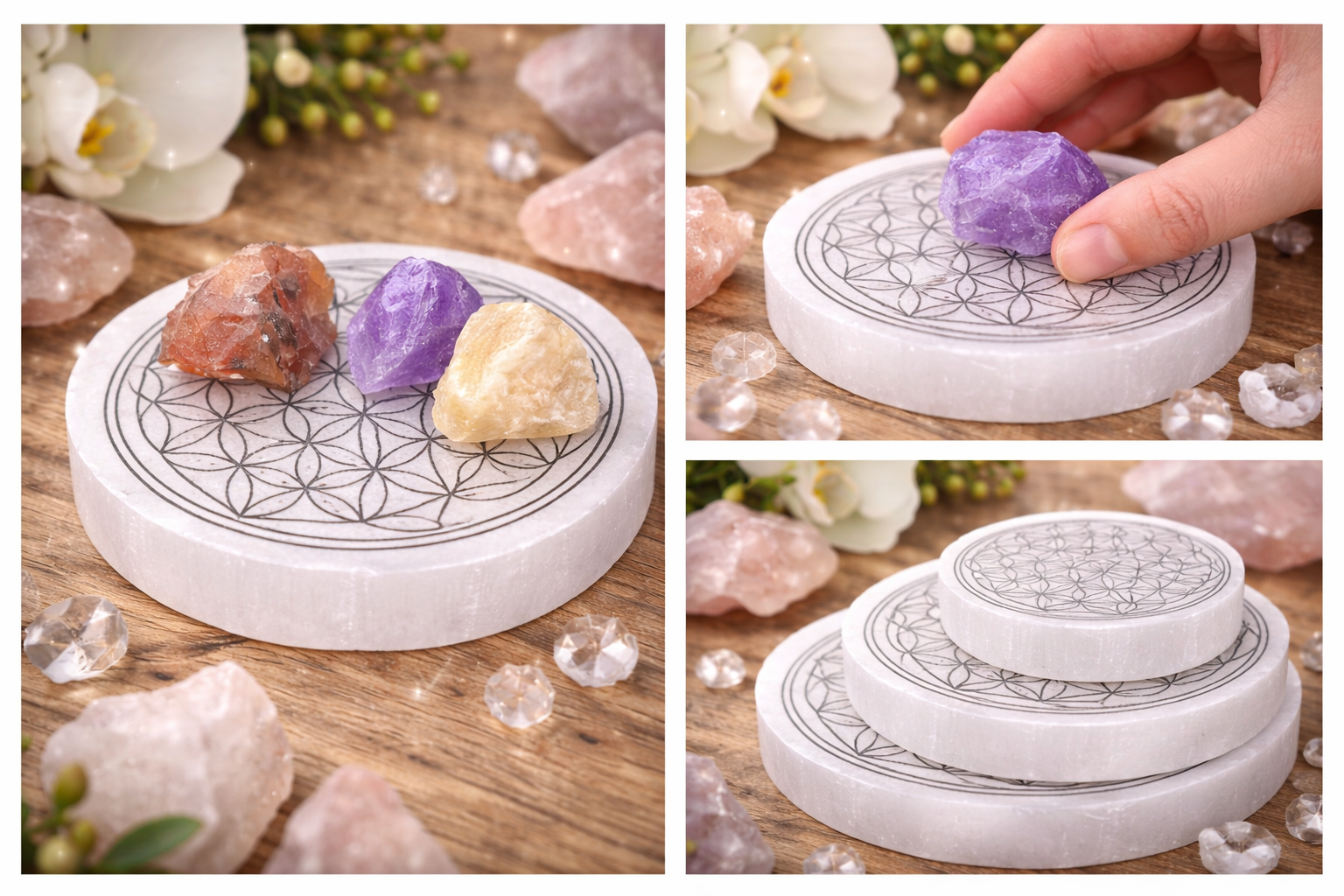 Selenit Ladeplatte Blume des Lebens 10 cm – weiss, gold, schwartz - Kristalle aufladen, Energie reinigen, Chakra & Meditation Zubehör