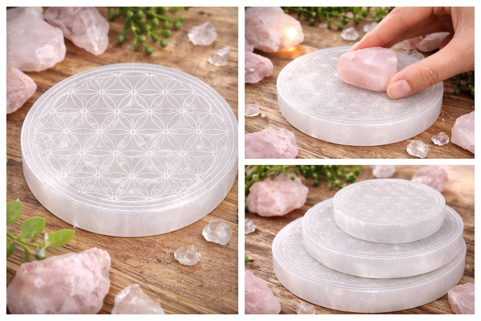 Selenit Ladeplatte Blume des Lebens 10 cm – weiss, gold, schwartz - Kristalle aufladen, Energie reinigen, Chakra & Meditation Zubehör