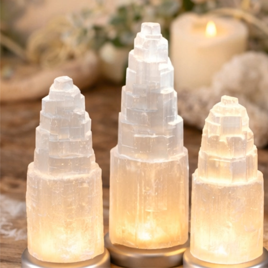 Selenit Turm 15–30 cm weiß Edelstein Lampe Rohstein Pyramide Reiki Deko Marokko