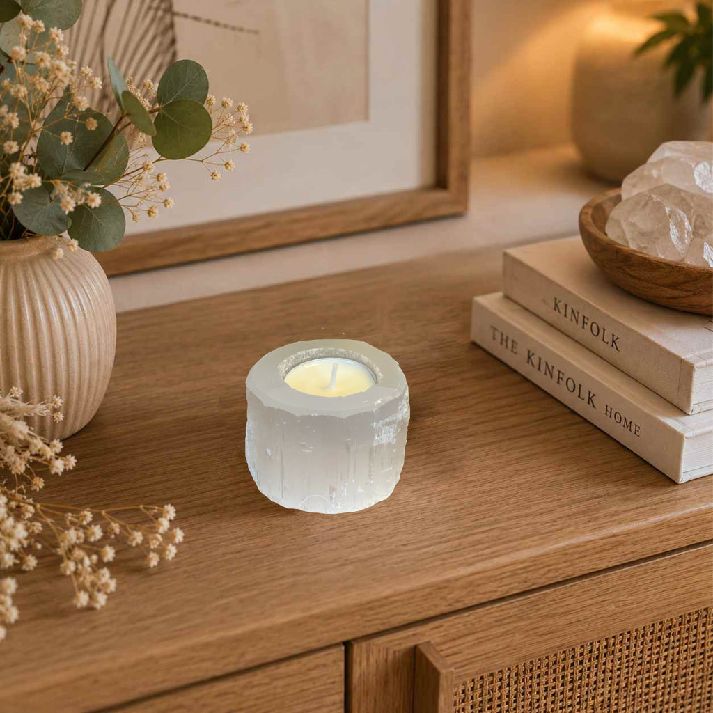 Selenit Teelichthalter Naturstein Kerzenhalter Deko Marokko Meditation Licht