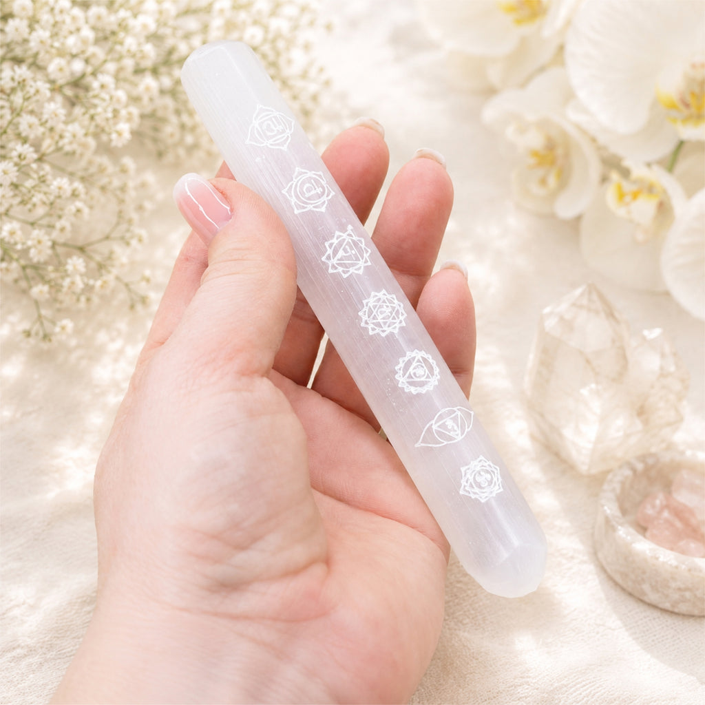 Selenit Chakra Stab 15 cm Heilstein Kristalle Reinigen Aufladen Energie Reiki
