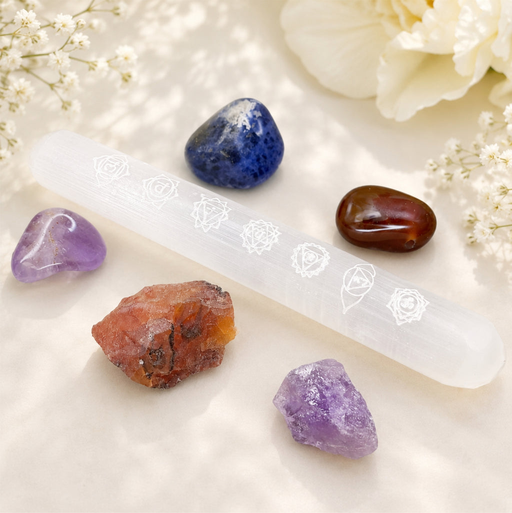 Selenit Chakra Stab 15 cm Heilstein Kristalle Reinigen Aufladen Energie Reiki