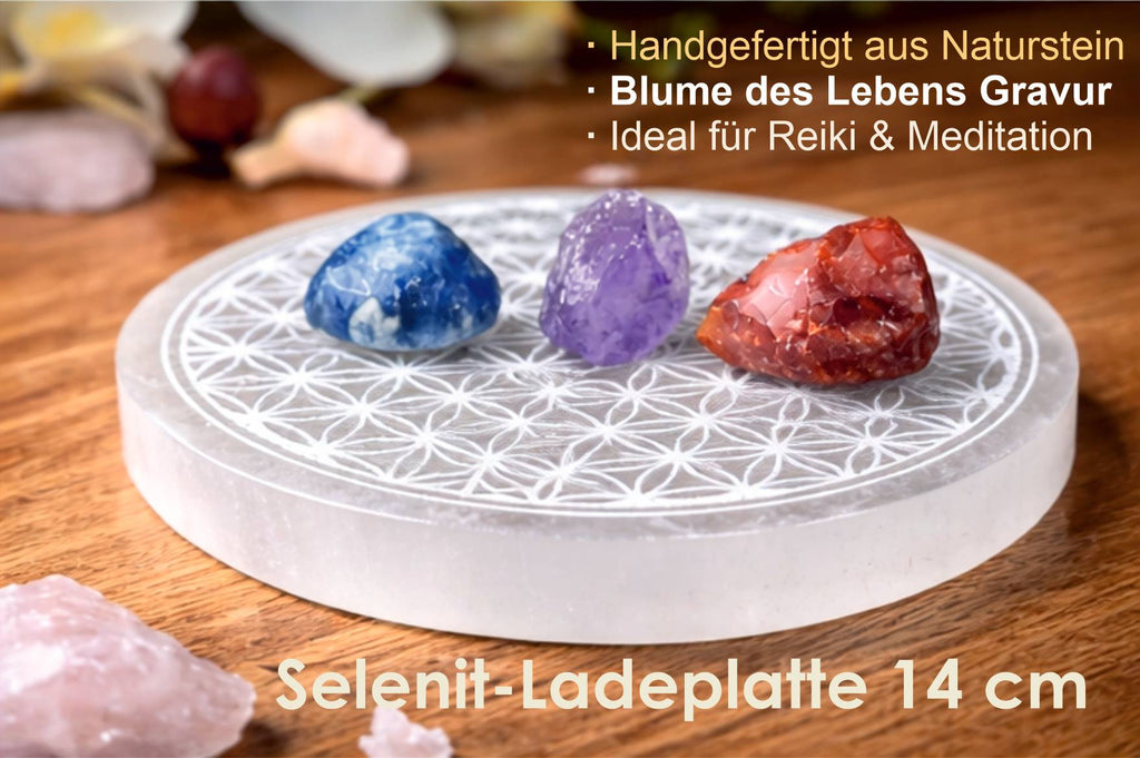 Selenit Ladeplatte 14 cm Blume des Lebens Edelstein Reiki Energie