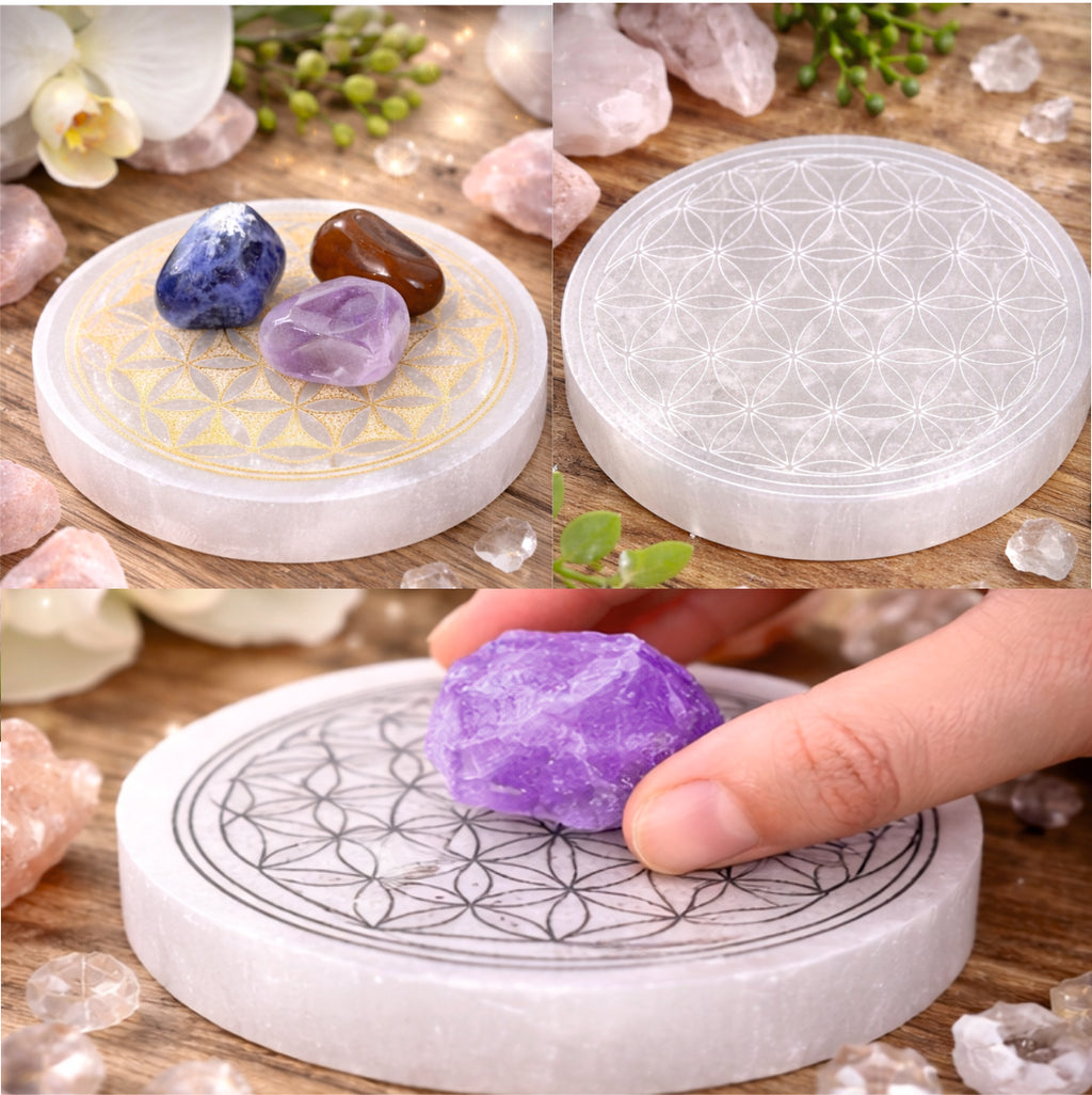 Selenit Ladeplatte Blume des Lebens 10 cm – weiss, gold, schwartz - Kristalle aufladen, Energie reinigen, Chakra & Meditation Zubehör