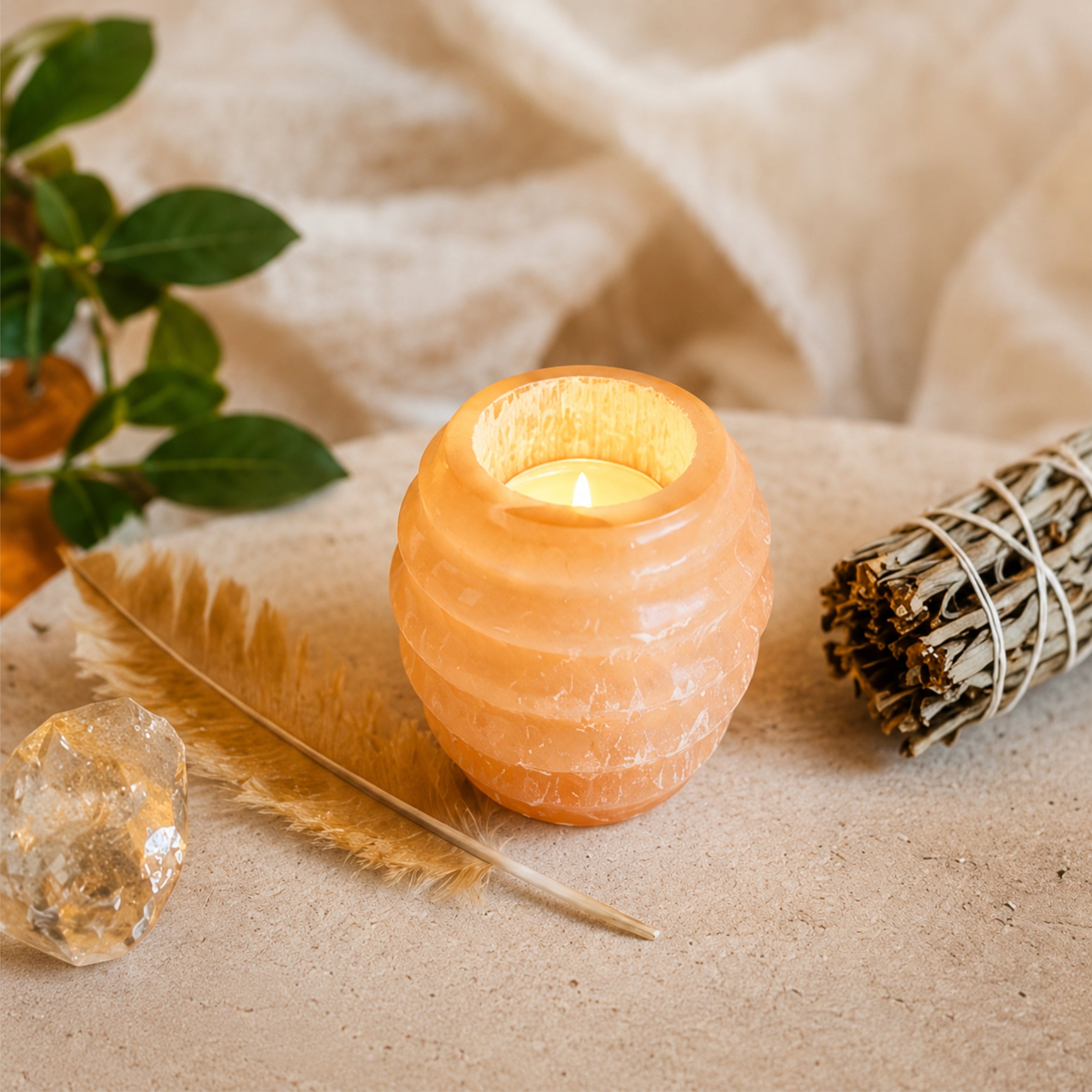 Selenit Teelichthalter Naturstein Kerzenhalter Deko Marokko Meditation Licht