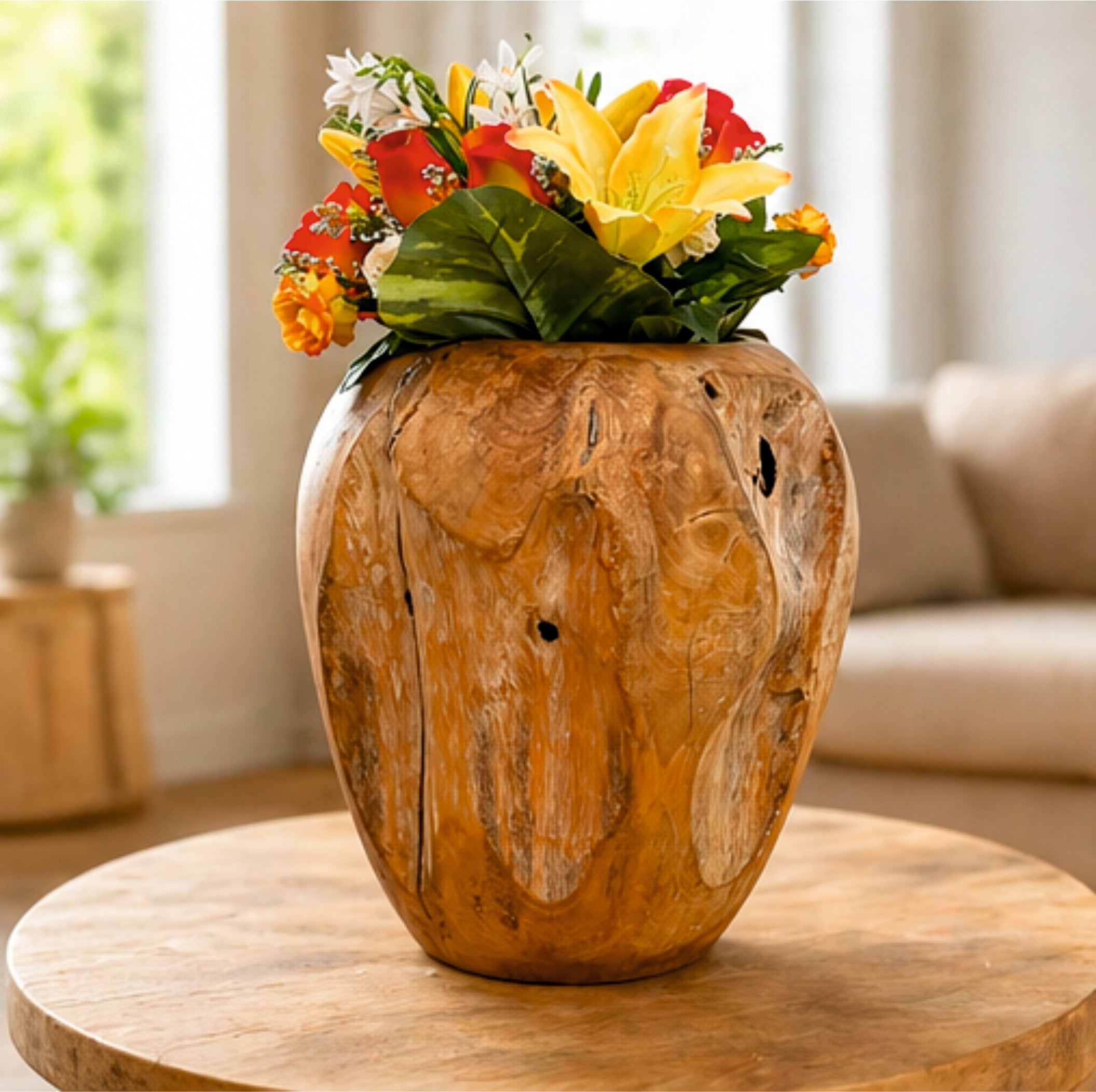 Teak Wurzelholz Vase 38cm massiv handgefertigt Unikat Holz Deko Bali