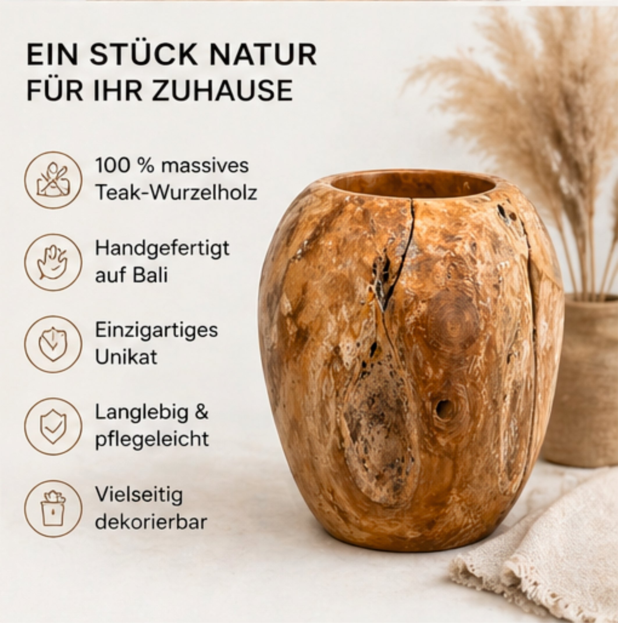 Teak Wurzelholz Vase 38cm massiv handgefertigt Unikat Holz Deko Bali
